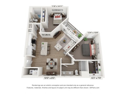 Floor plan for 2 beds, 2 baths, 1031 sqft